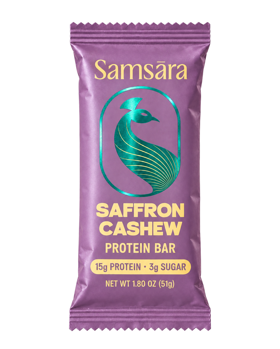Wrapped Saffron Cashew bar with lavender wrapper and teal foil peacock