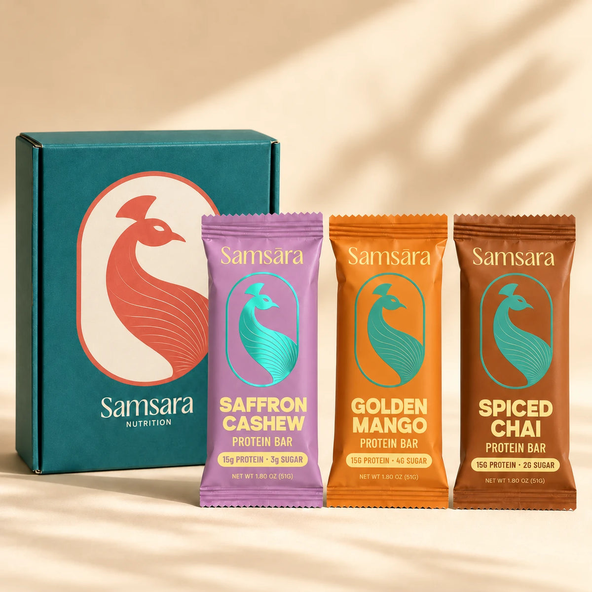 Standard teal Samsara box with Mango, Chai and lavender Saffron Cashew bars