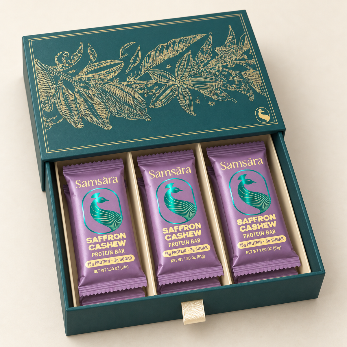 Festive drawer box with pull tab and six wrapped Saffron Cashew bars